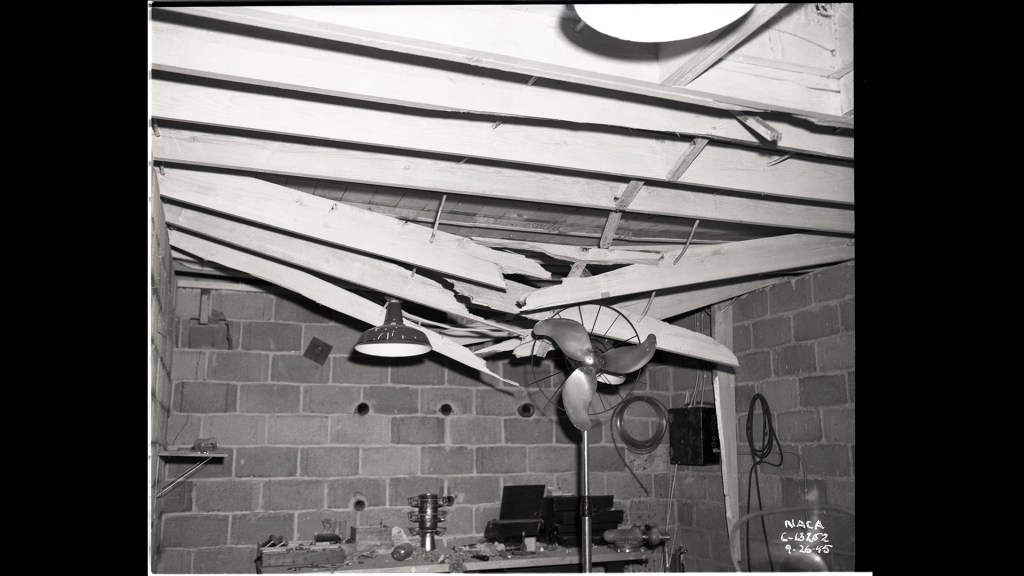 Interior of test cell with damaged roof.