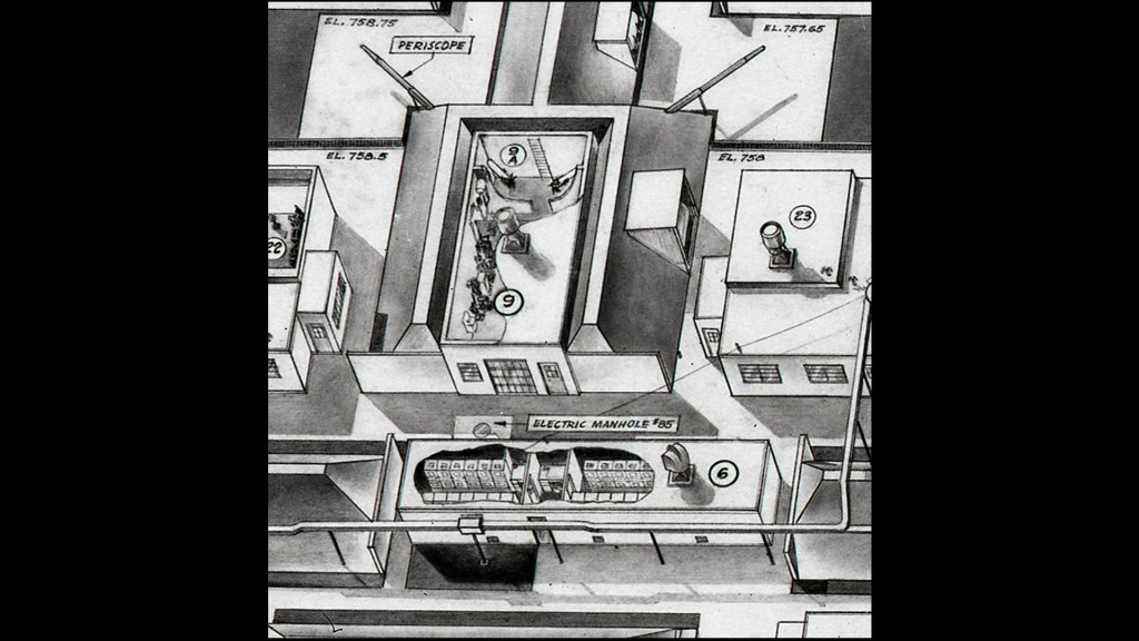 Cutaway drawing of building.