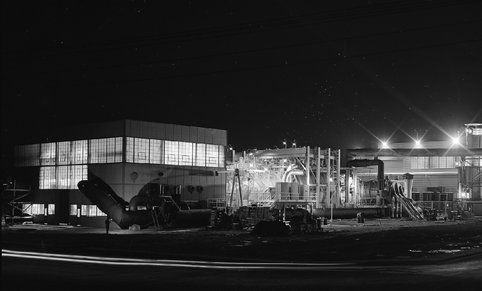 Test facility lit up at night.