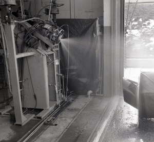 Nozzle spraying fluid.