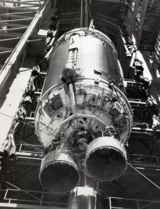 Centaur rocket hoisted into launch stand.