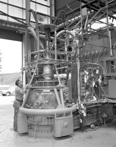 Man with engine in test stand