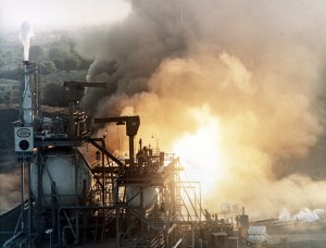 Firey engine test at outdoor facility.