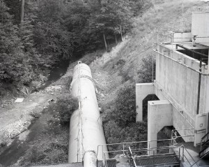 View down at cylindrical tank