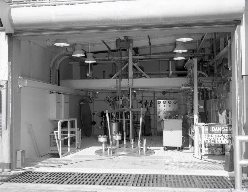 Shop area in Rocket Engine Test Cell Building with doors open