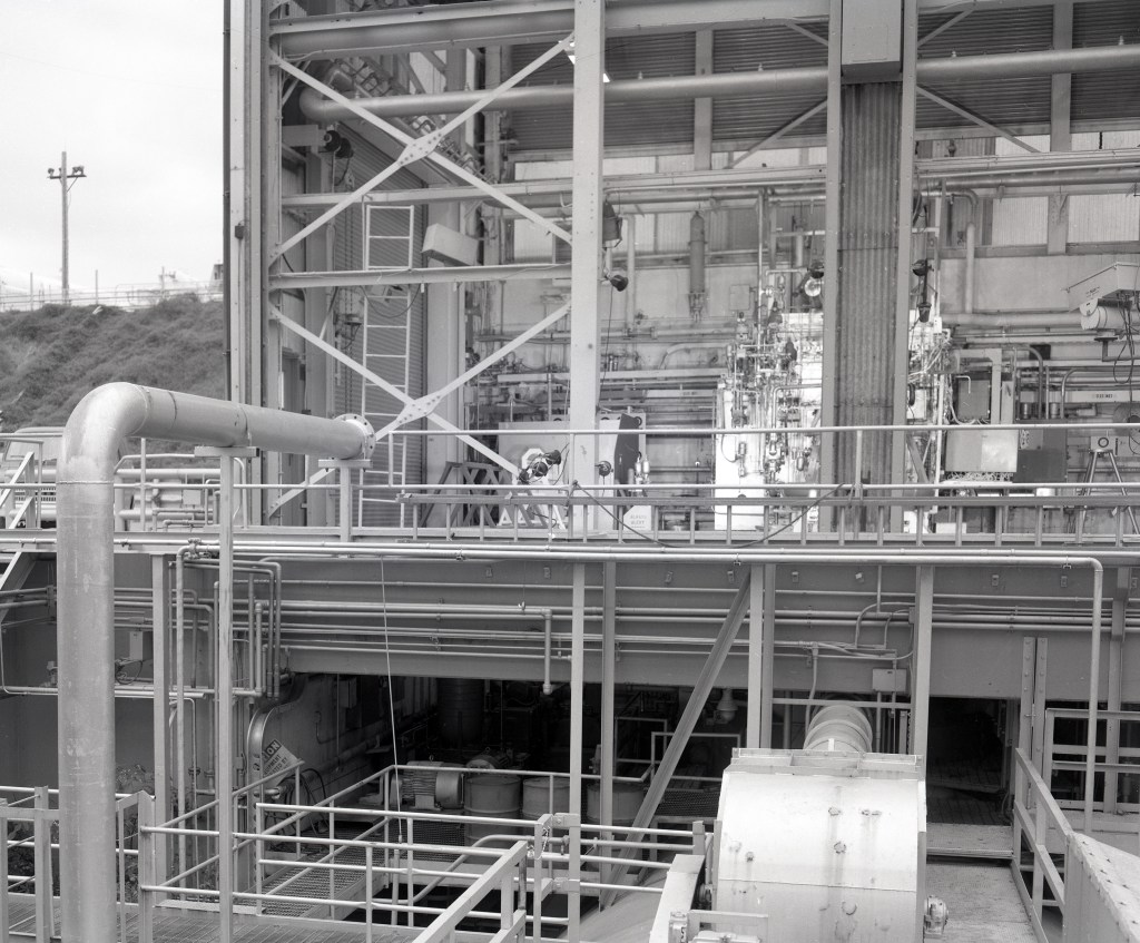 View of the Rocket Engine Test Cell's western wall with the doors open