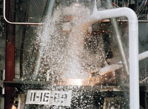 Engine test with ice flying.