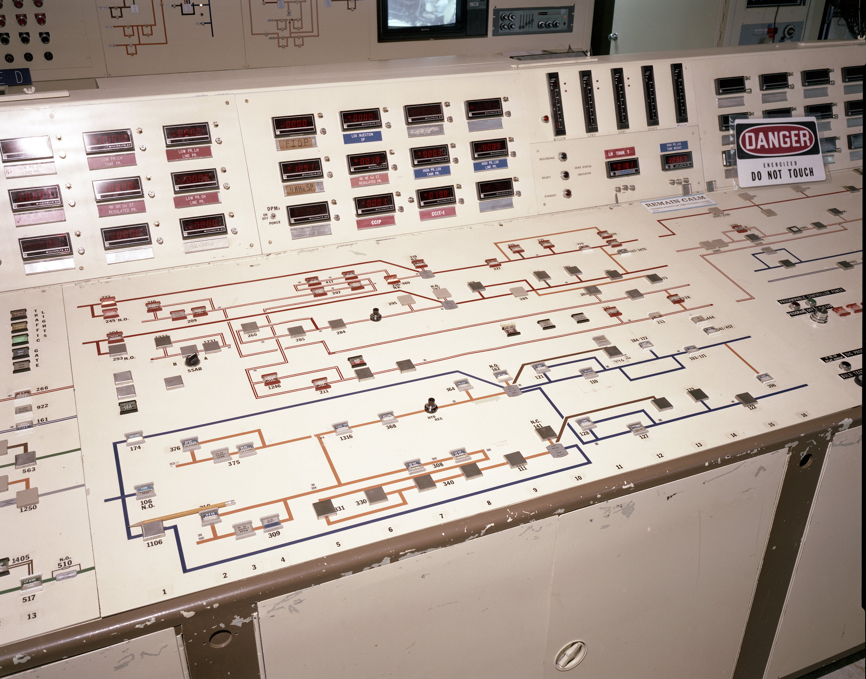 Close-up of main control panel for conducting tests in the RETF (1991).