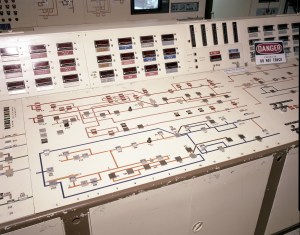 Close-up of main control panel for conducting tests in the RETF (1991).
