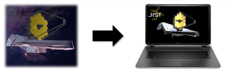 An image of James Webb Space Telescope with an arrow pointing to a laptop with an image of the James Webb Space Telescope on the laptop screen.