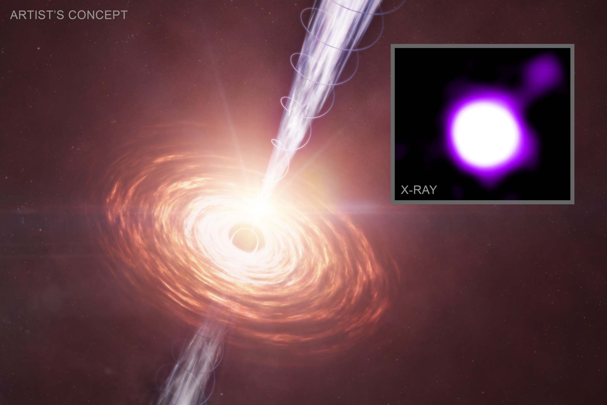An artist's illustration showing material in a disk that is falling towards a supermassive black hole. A jet is blasting away from the black hole towards the upper right. The black hole is located 11.6 billion light-years from Earth when the cosmic microwave background (CMB), the leftover glow from the big bang, was much denser than it is now. As the electrons in the jets fly away from the black hole, they move through the sea of CMB radiation and collide with photons producing the microwaves. These collisions boost the energy of the photons up into the X-ray band, allowing them to be detected by Chandra even at this great distance. The schematic in the inset shows a close-up view of this process.