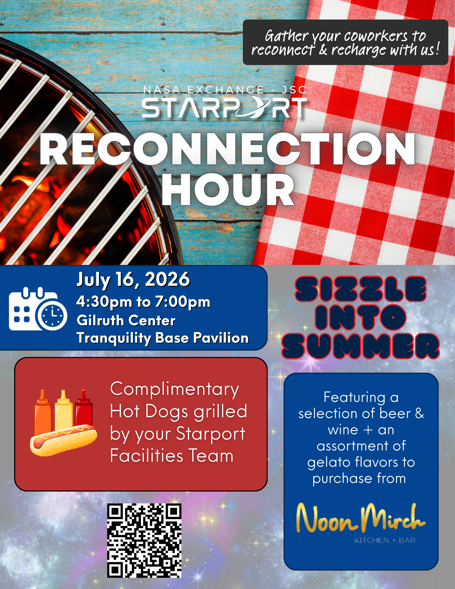 Flyer for July 16, 2026 Reconnection Hour at JSC Gilruth Center.