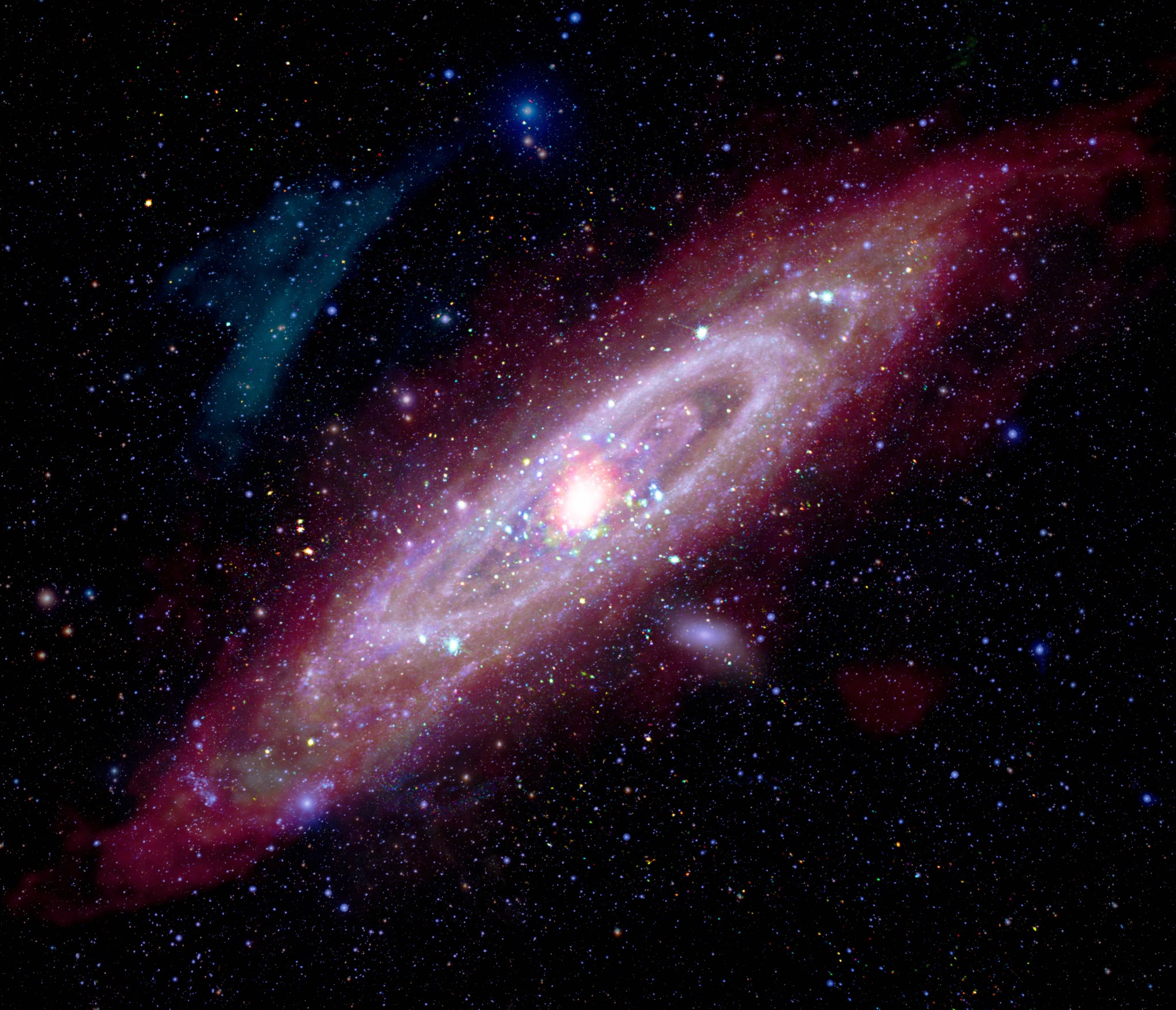 Astronomers study Andromeda (Messier 31, or M31) to understand the structure and evolution of our own spiral galaxy, the Milky Way. This new composite image contains data of M31 includes X-rays from Chandra and XMM-Newton, ultraviolet data from GALEX, optical data from astrophotographers using ground-based telescopes, infrared data from Spitzer, IRAS, COBE, Planck and Herschel, and radio data from the Westerbork Synthesis Radio Telescope. Each type of light reveals new information about this close galactic relative to the Milky Way.