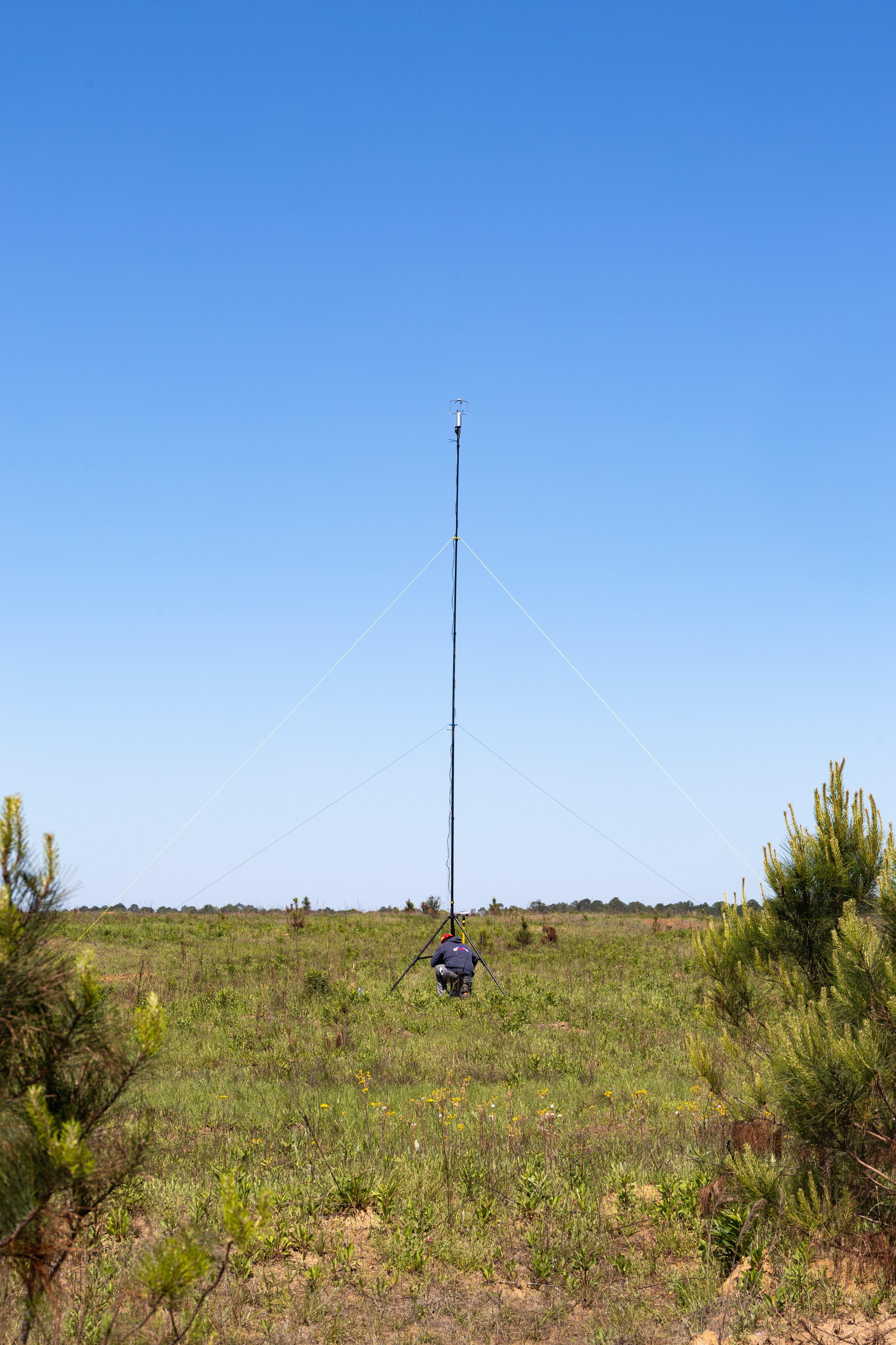 A distant shot of a man in a navy shirt crouching at the base of a massive pole in a grassy clearing.