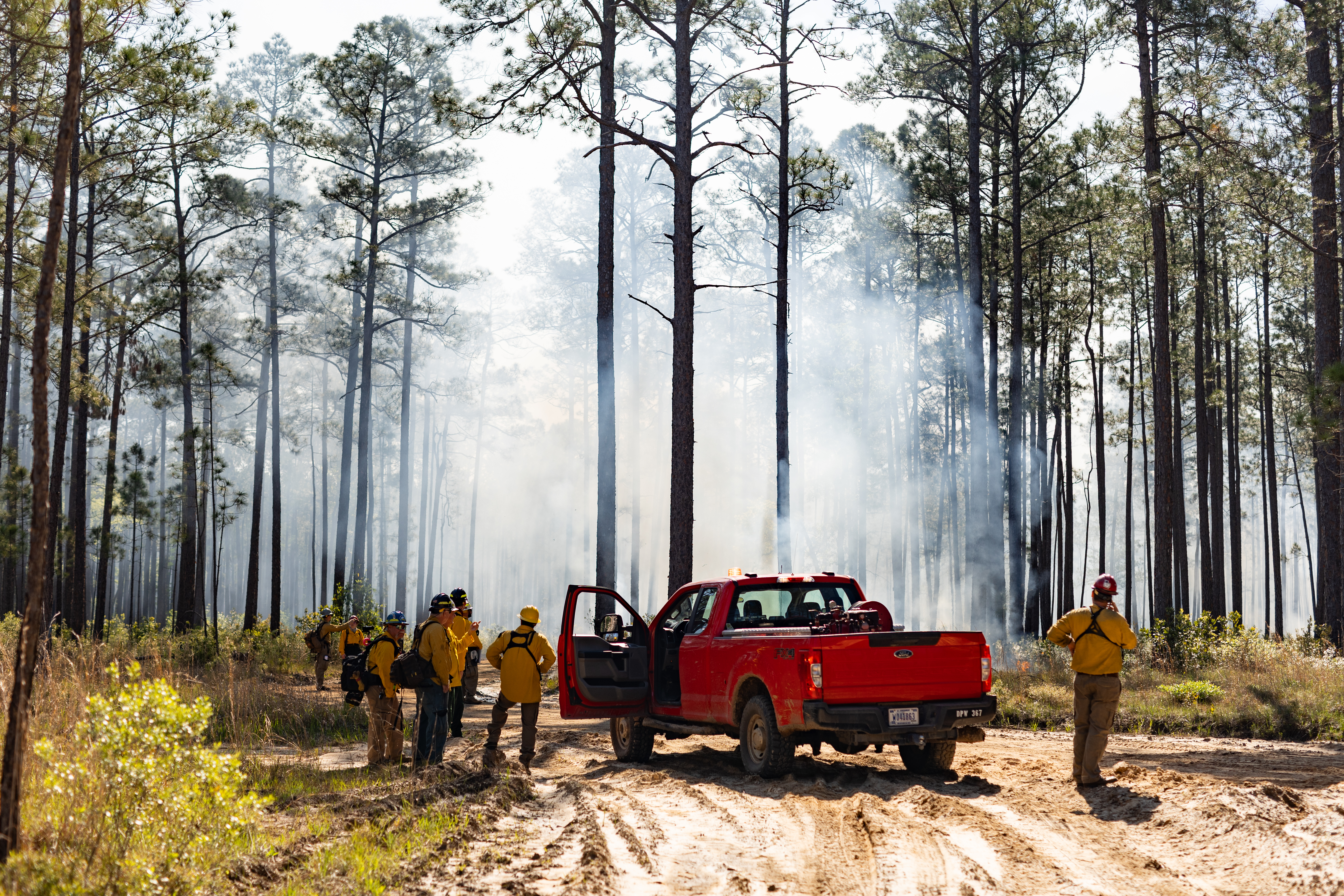 A group of firefighters in yellow long-sleeveds stand near a red pickup truck and view smoke rising from the forest in front of them.