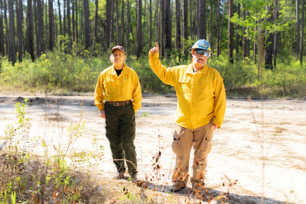 Two safety officers in yellow long-sleeved shirts stand in front of forest, guesturing and speaking.