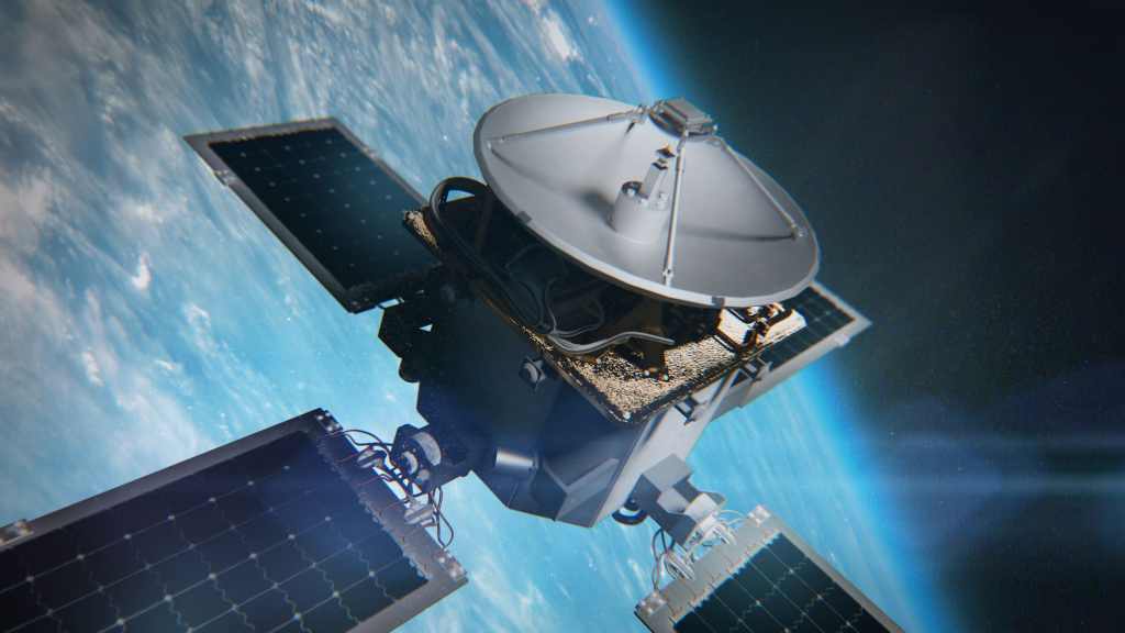 A close-up 3D rendering of the Polylingual Experimental Terminal (PExT) in low Earth orbit, the blue curve of Earth’s surface against a black sky visible in the background. The satellite faces the upper-right of the image, exposed wiring and mechanical details visible beneath its white parabolic dish antenna. Silver cabling and a gold-lined structural base connect the antenna to a square metal satellite bus. Its four dark solar arrays extend outward, partially in frame.