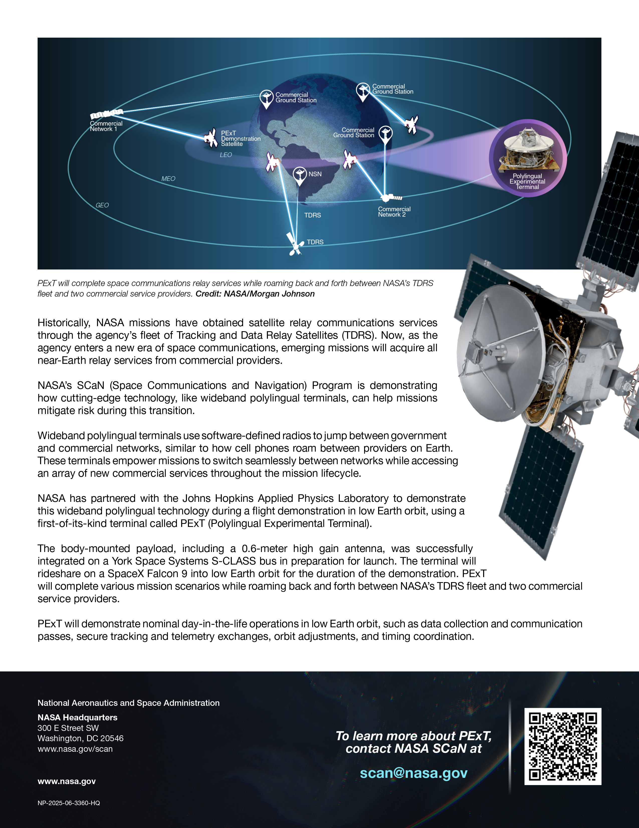 An informational NASA mission fact sheet for the Polylingual Experimental Terminal (PExT). At the top, a stylized graphic shows light blue data relay lines connecting an icon of PExT to ground stations and satellites in low Earth, medium Earth, and geostationary Earth orbits. To the right, a 3D render of PExT highlights its white dish antenna, white and gold hardware wiring, and deep teal solar panels. A block of text describes how PExT will demonstrate multi-network relay operations in low Earth orbit. NASA contact information and a QR code appear at the bottom.