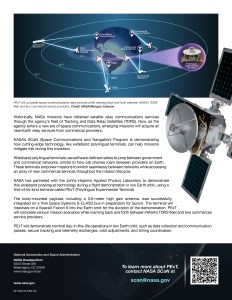 An informational NASA mission fact sheet for the Polylingual Experimental Terminal (PExT). At the top, a stylized graphic shows light blue data relay lines connecting an icon of PExT to ground stations and satellites in low Earth, medium Earth, and geostationary Earth orbits. To the right, a 3D render of PExT highlights its white dish antenna, white and gold hardware wiring, and deep teal solar panels. A block of text describes how PExT will demonstrate multi-network relay operations in low Earth orbit. NASA contact information and a QR code appear at the bottom.
