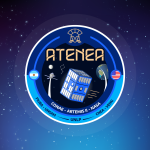 A circular logo for the ATENEA cubesat. A cartoonish rendering of a CubeSat in the middle, flanked by illustrations of the Earth, Orion vehicle, the Argentina flag, the United States flag, the words "CONAE", "ARTEMIS II", and "NASA", and "ATENEA" with an icon that resembles an ancient Greek war helmet. Alone the bottom it reads "FIUBA - UNSAM - UNLP - CNEA - VENG"
