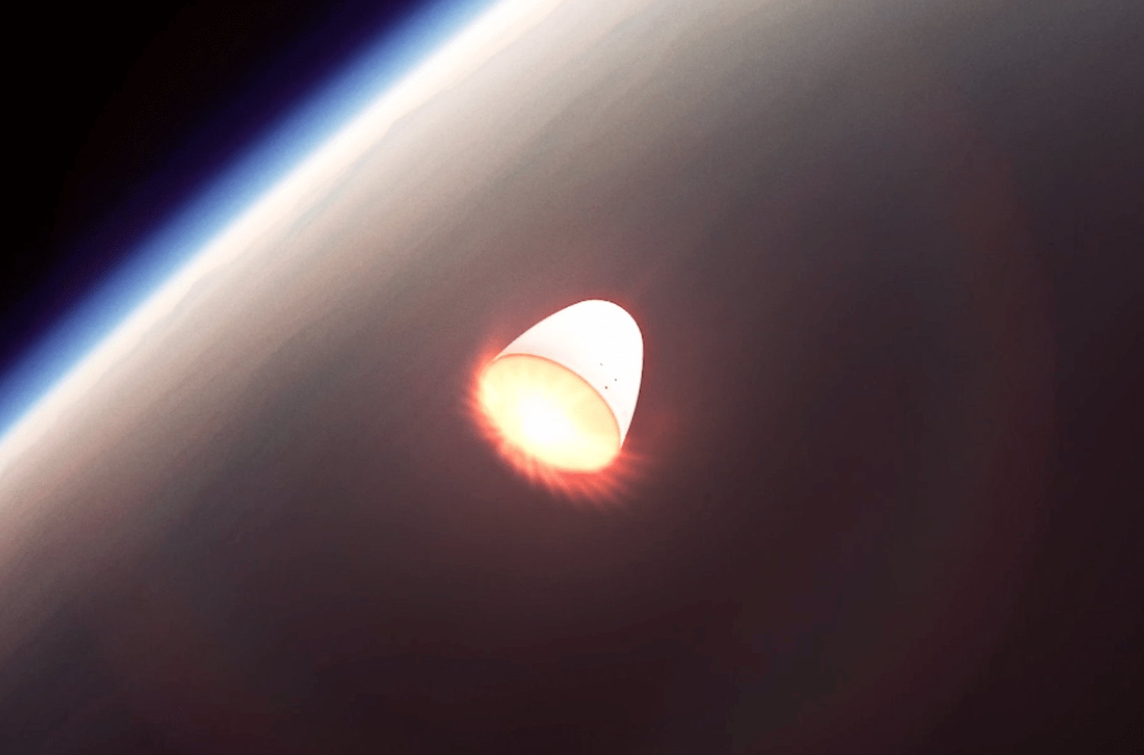 A rendering of a space capsule from The Exploration Company re-entering Earth's atmosphere.