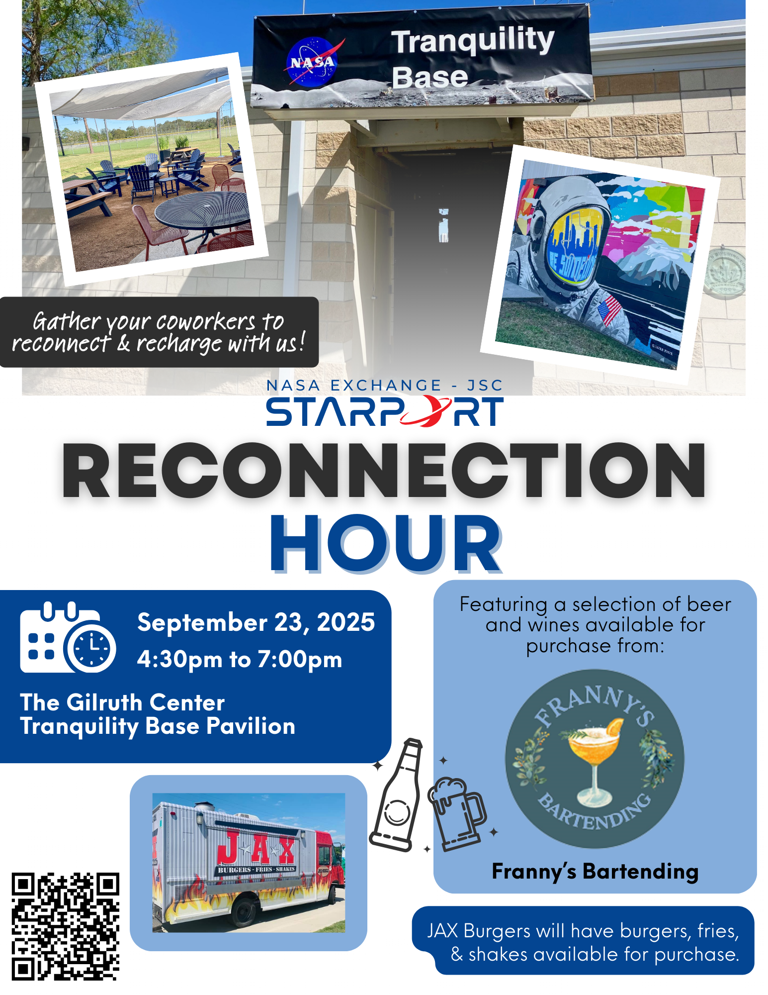 A flyer for the September 23rd Reconnection Hour at JSC's Tranquility Base Pavilion.