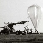 Black and white image of balloon being prepped for launch.