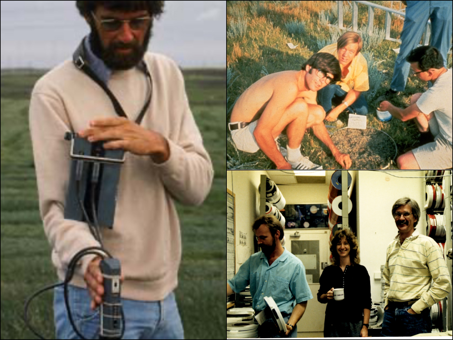A collage of three images, all grainy film photos that have been digitized. To the left is a vertical image of a man in a green field, with a scientific instrument hanging from a strap around his neck, a cylindrical part of it in his hand. To the top right is an image of three men crouched in a different field, doing work on a small circular plot of dirt. To the bottom right is an image of two men and a woman in a flourescently lit room, surrounded by reels of tape that hold scientific data.