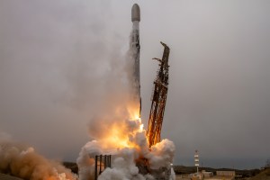 Rocket launch shows rocket separating from the platform.