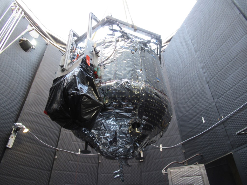 The tank for NASA's two-stage cooling tests is lowered into a vacuum chamber in Test Stand 300 at NASA's Marshall Space Flight Center in Huntsville, Alabama.