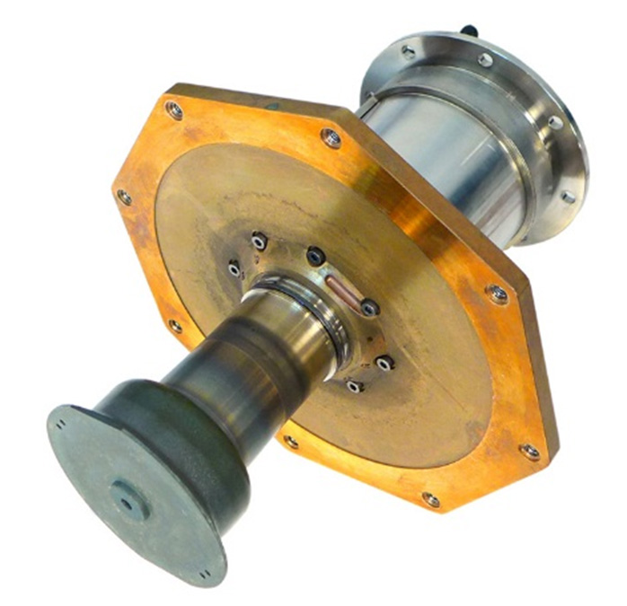 Metallic 80-watt Stirling convertor with flanged housing, designed for high-efficiency, wear-free space power generation.