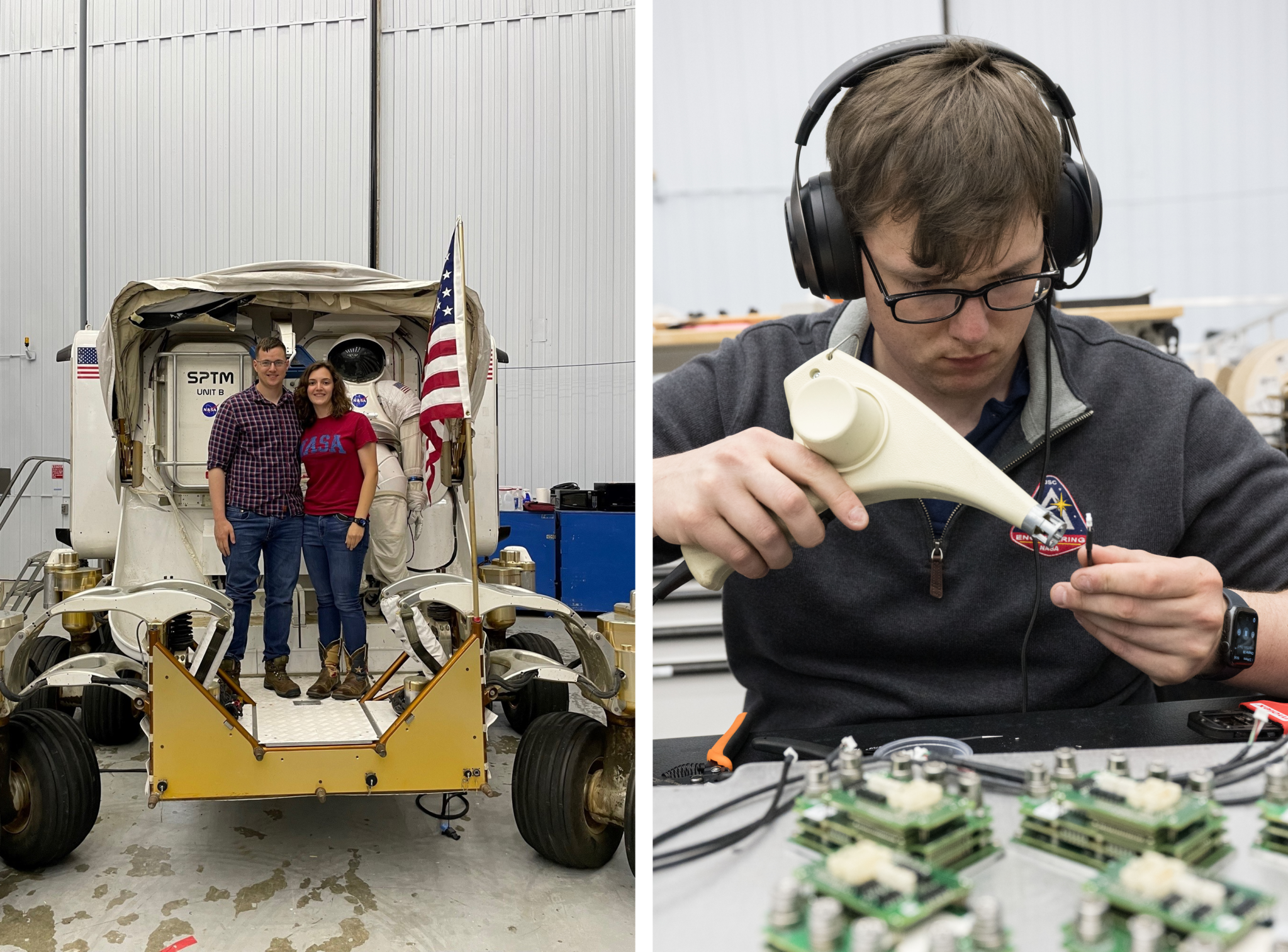 Side-by-side photos of Johnson Space Center employee Carl Johnson show him during a tour of the center with his wife, and working on some electrical components during his SkillBridge fellowship.