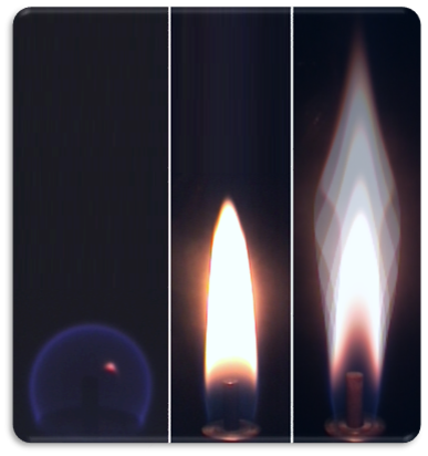 Candle flame in microgravity, 1/6 gravity, and Earth gravity (left to right).