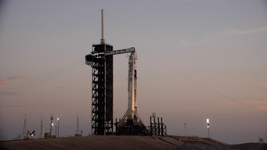 A SpaceX Falcon 9 rocket with the company’s Dragon spacecraft on top is seen during sunrise on the launch pad at Launch Complex 39A at NASA’s Kennedy Space Center in Florida on Thursday, July 31, 2025, ahead of the agency’s SpaceX Crew-11 launch.