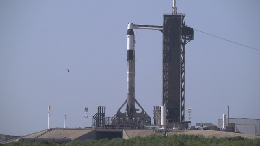 A SpaceX Falcon 9 rocket with the company’s Dragon spacecraft on top is seen on the launch pad at Launch Complex 39A at NASA’s Kennedy Space Center in Florida on Thursday, July 31, 2025, ahead of the agency’s SpaceX Crew-11 launch.