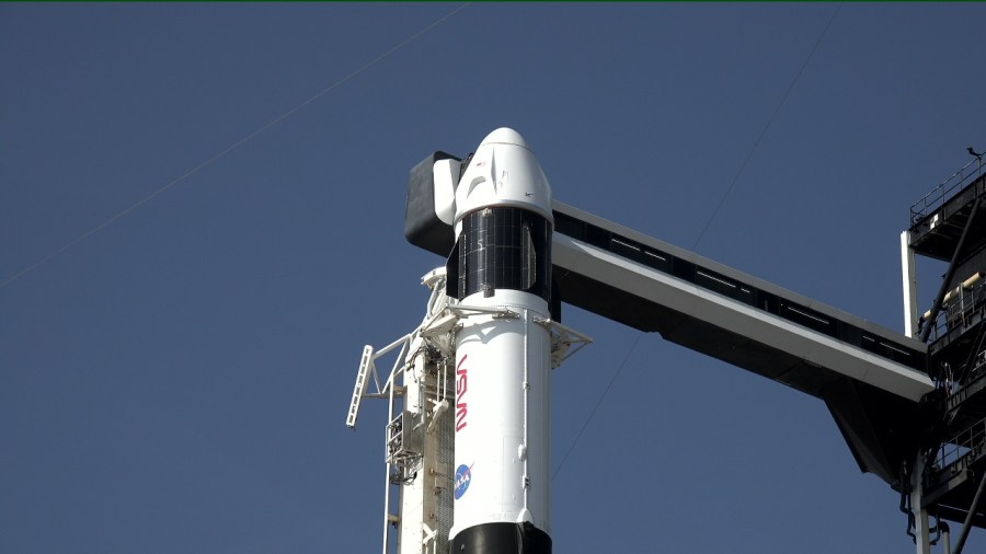 A SpaceX Falcon 9 rocket with the company’s Dragon spacecraft on top is seen during sunrise on the launch pad at Launch Complex 39A at NASA’s Kennedy Space Center in Florida on Thursday, July 31, 2025, ahead of the agency’s SpaceX Crew-11 launch.
