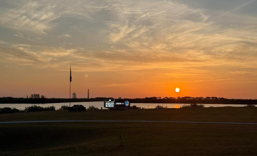 A SpaceX Falcon 9 rocket with the company’s Dragon spacecraft on top is seen during sunrise on the launch pad at Launch Complex 39A at NASA’s Kennedy Space Center in Florida on Thursday, July 31, 2025, ahead of the agency’s SpaceX Crew-11 launch.