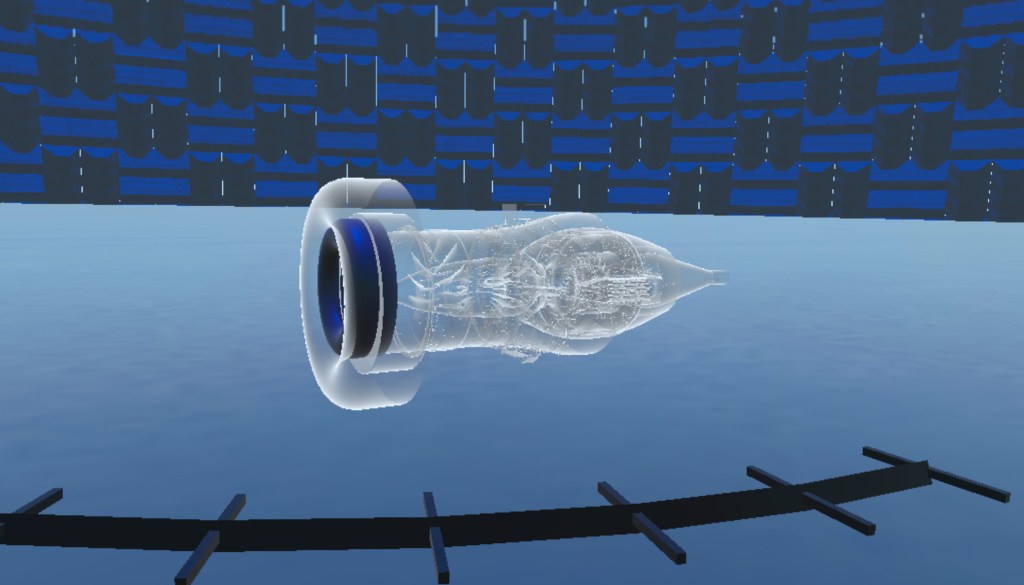 A 3D rendering of a white and blue, coned-shaped fan floats in a blue 3D environment.