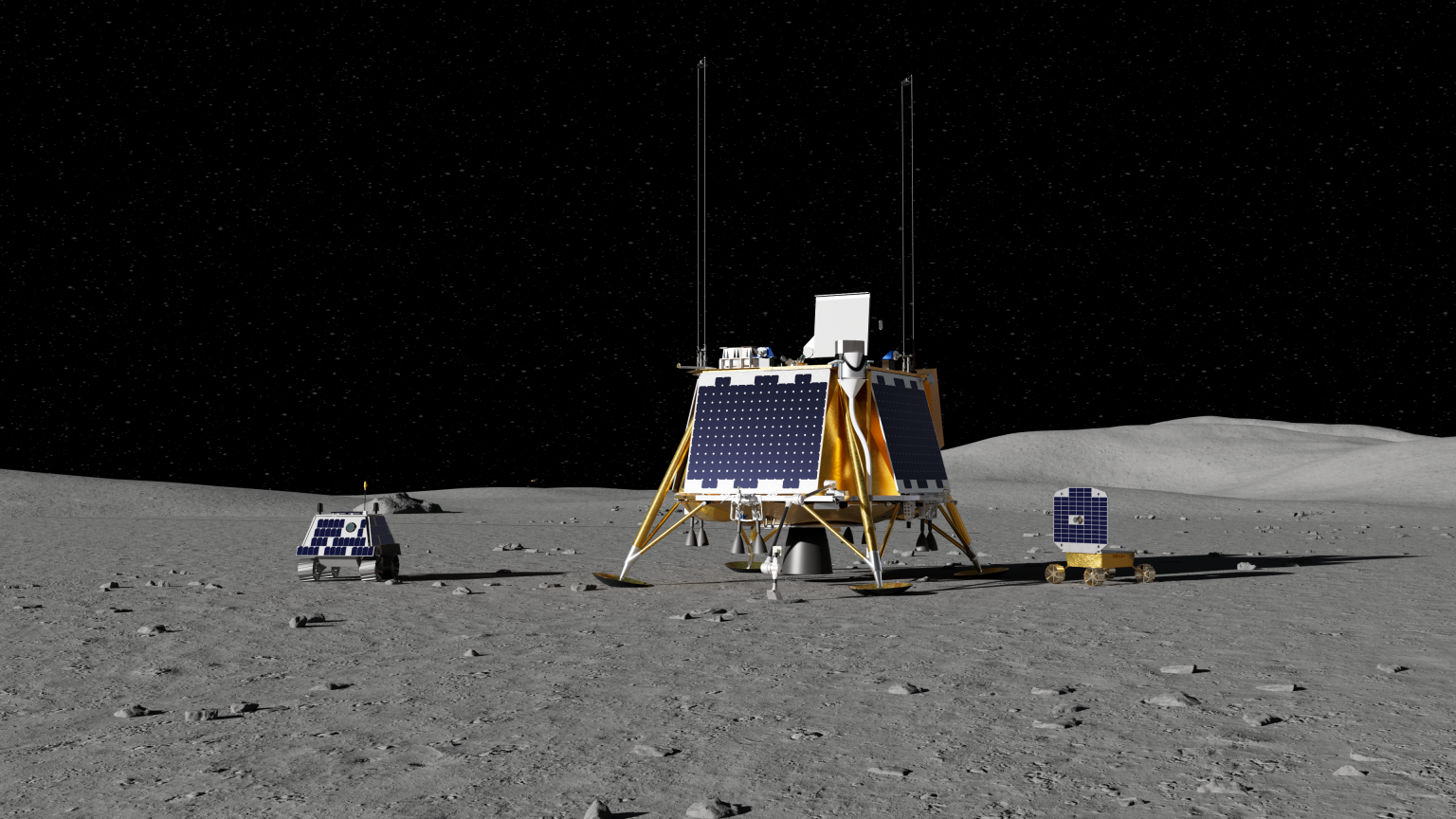 An artist’s concept of Blue Ghost Mission 4 shows Firefly’s Blue Ghost lunar lander and NASA payloads in the lunar South Pole Region, through NASA’s CLPS (Commercial Lunar Payload Services) initiative.