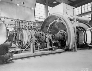 Large engine installed in test chamber.