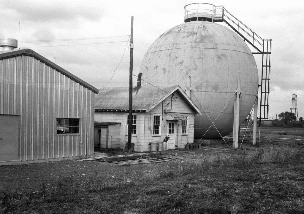 Exterior of round J-5 test chamber with shop next to it