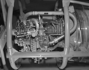 Close-up view of instrumentation on engine.