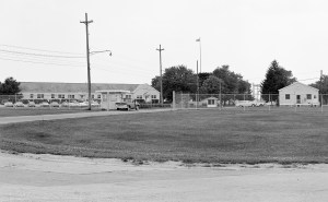 View across field of the main gate