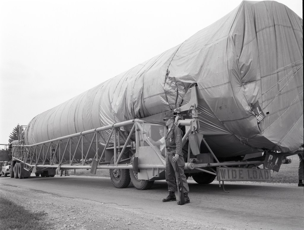 Atlas missile on truckbed