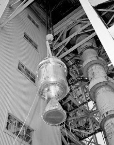 View up at Kiwi B engine as it is lifted into test stand