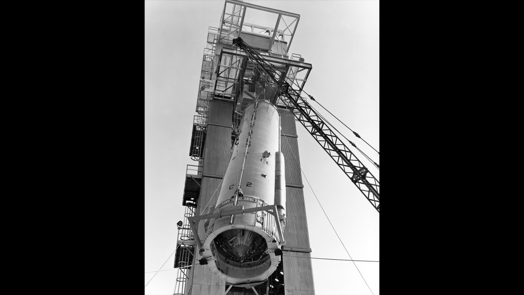 View up as crane lifts missile into E Stand