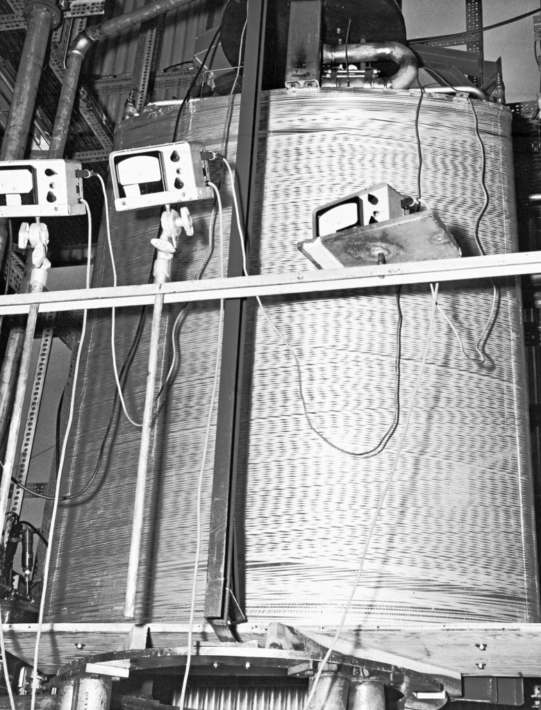 Close-up of An experimental arc tank with foam insulation panels wrapped against it