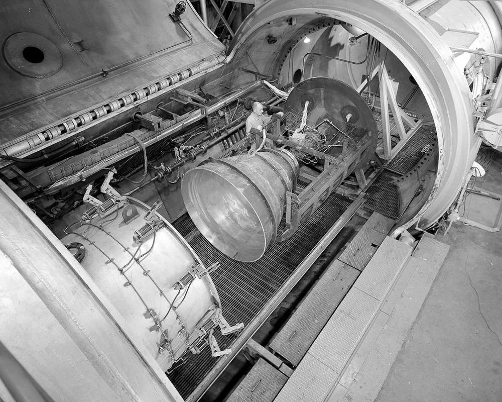 Rocket engine in test chamber.