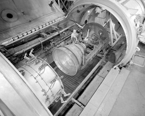 Rocket engine in test chamber.