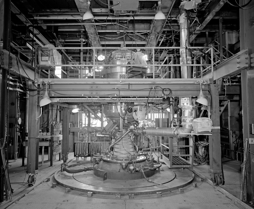 Rocket engine in test stand.